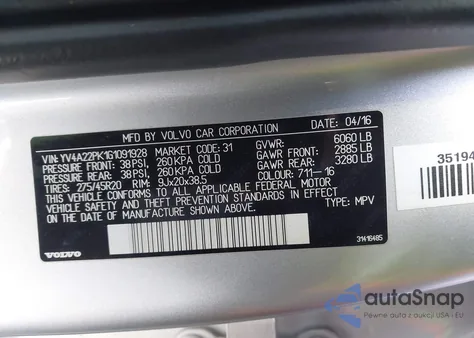 2016 Volvo Xc90 T6 Momentum из США, поврежденный, VIN YV4A22PK1G1091928